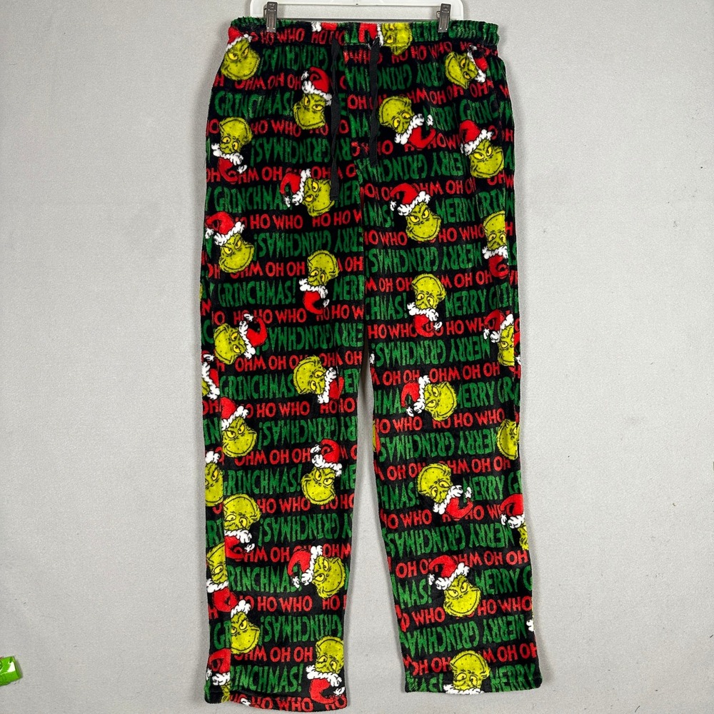 The Grinch Pajama Pants Mens Large Grinchmas Black Green Red Fleece Loungewear
